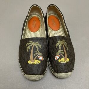 Michael Kors Kendrick Slip-on Loafers Women‎ 7M Brown Espadrille Palm Tree Shoes